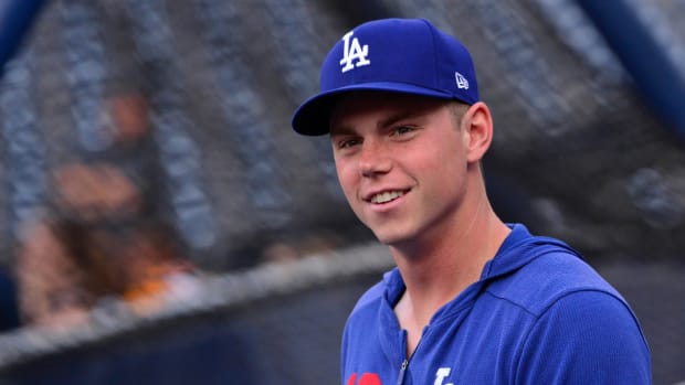 Aug 27, 2019; San Diego, CA, USA; Los Angeles Dodgers catcher Will Smith (16) looks on before the game against the San Diego Padres at Petco Park. Mandatory Credit: Jake Roth-USA TODAY Sports